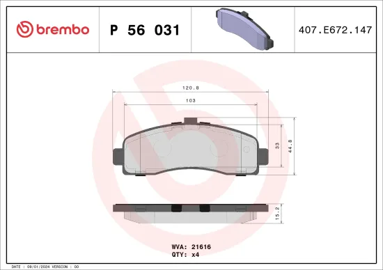 Bremsbelagsatz, Scheibenbremse Vorderachse BREMBO P 56 031 Bild Bremsbelagsatz, Scheibenbremse Vorderachse BREMBO P 56 031