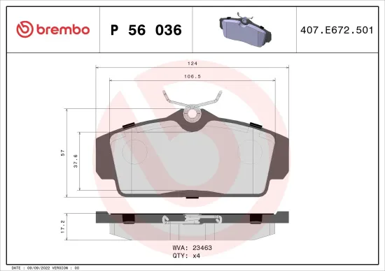 Bremsbelagsatz, Scheibenbremse Vorderachse BREMBO P 56 036 Bild Bremsbelagsatz, Scheibenbremse Vorderachse BREMBO P 56 036