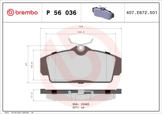 Bremsbelagsatz, Scheibenbremse Vorderachse BREMBO P 56 036 Bild Bremsbelagsatz, Scheibenbremse Vorderachse BREMBO P 56 036