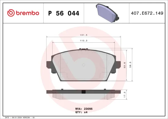Bremsbelagsatz, Scheibenbremse Vorderachse BREMBO P 56 044 Bild Bremsbelagsatz, Scheibenbremse Vorderachse BREMBO P 56 044