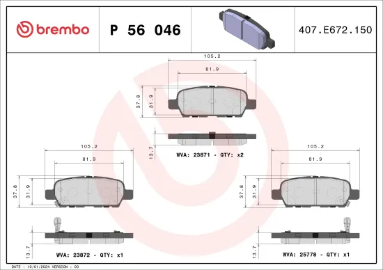 Bremsbelagsatz, Scheibenbremse Hinterachse BREMBO P 56 046 Bild Bremsbelagsatz, Scheibenbremse Hinterachse BREMBO P 56 046