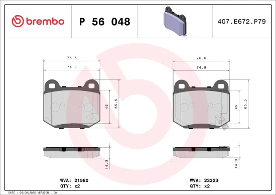Bremsbelagsatz, Scheibenbremse Hinterachse BREMBO P 56 048 Bild Bremsbelagsatz, Scheibenbremse Hinterachse BREMBO P 56 048