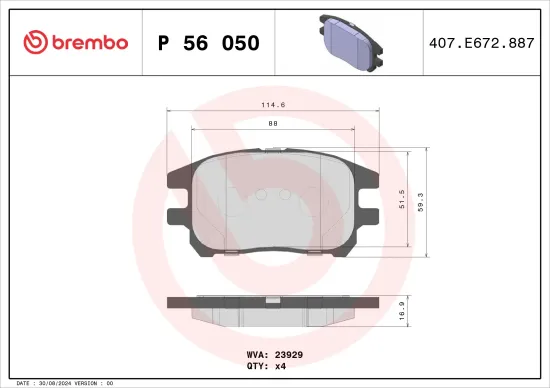Bremsbelagsatz, Scheibenbremse Vorderachse BREMBO P 56 050 Bild Bremsbelagsatz, Scheibenbremse Vorderachse BREMBO P 56 050