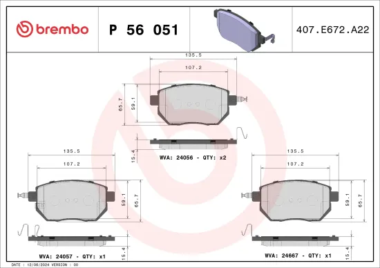Bremsbelagsatz, Scheibenbremse Vorderachse BREMBO P 56 051 Bild Bremsbelagsatz, Scheibenbremse Vorderachse BREMBO P 56 051