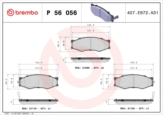 Bremsbelagsatz, Scheibenbremse Vorderachse BREMBO P 56 056 Bild Bremsbelagsatz, Scheibenbremse Vorderachse BREMBO P 56 056