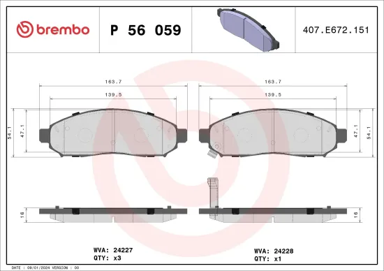 Bremsbelagsatz, Scheibenbremse Vorderachse BREMBO P 56 059 Bild Bremsbelagsatz, Scheibenbremse Vorderachse BREMBO P 56 059