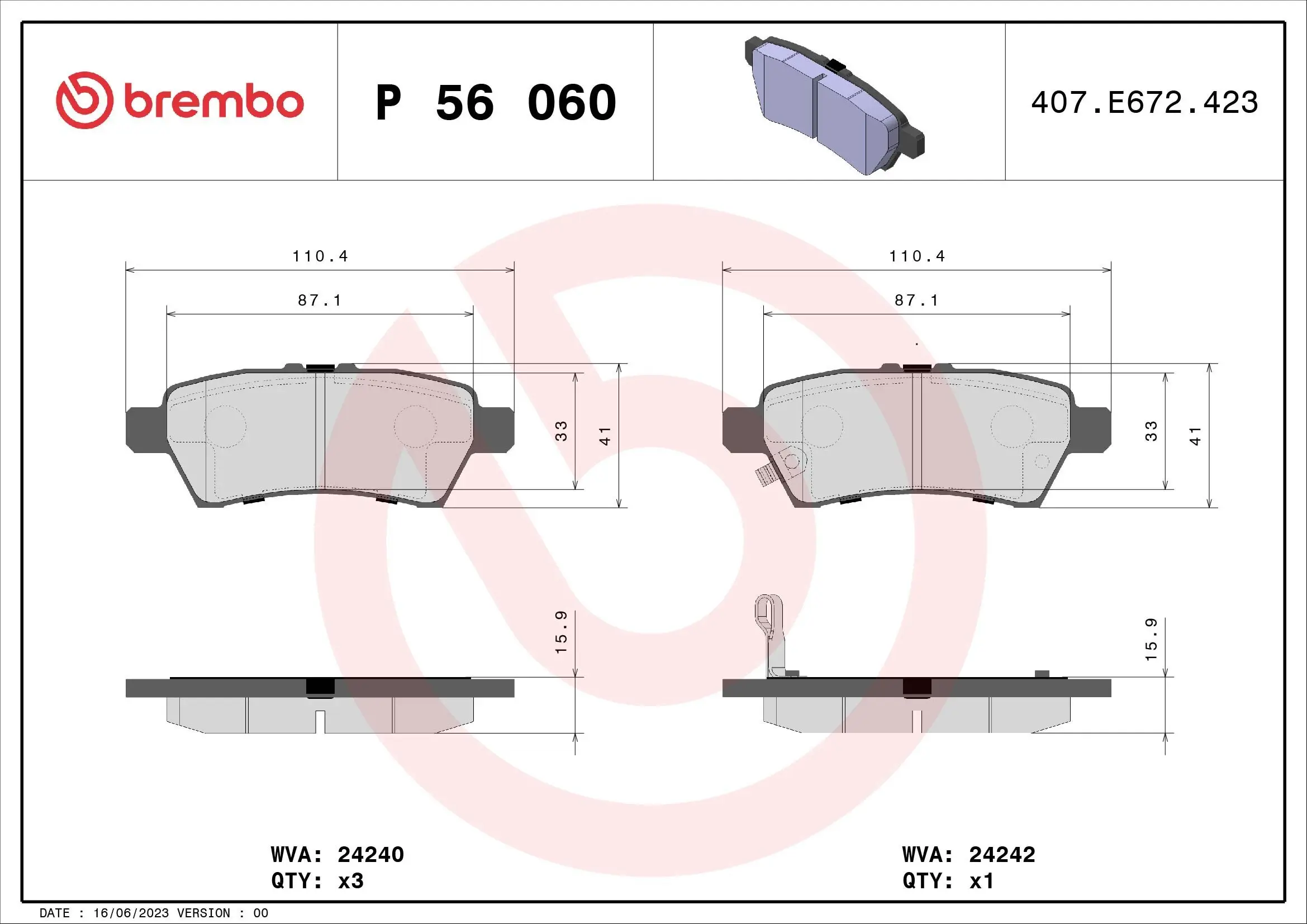 Bremsbelagsatz, Scheibenbremse Hinterachse BREMBO P 56 060