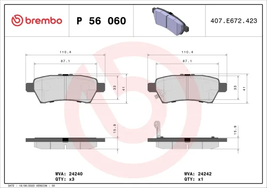 Bremsbelagsatz, Scheibenbremse Hinterachse BREMBO P 56 060 Bild Bremsbelagsatz, Scheibenbremse Hinterachse BREMBO P 56 060