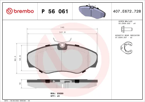 Bremsbelagsatz, Scheibenbremse Vorderachse BREMBO P 56 061 Bild Bremsbelagsatz, Scheibenbremse Vorderachse BREMBO P 56 061
