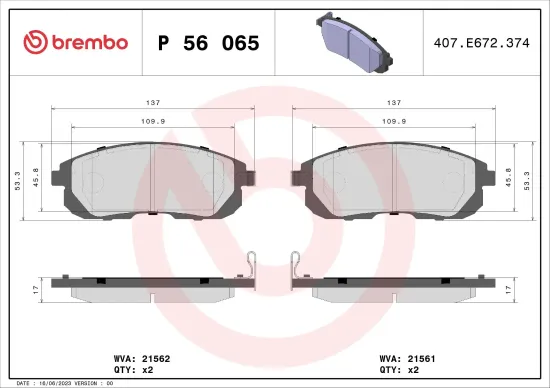 Bremsbelagsatz, Scheibenbremse Vorderachse BREMBO P 56 065 Bild Bremsbelagsatz, Scheibenbremse Vorderachse BREMBO P 56 065