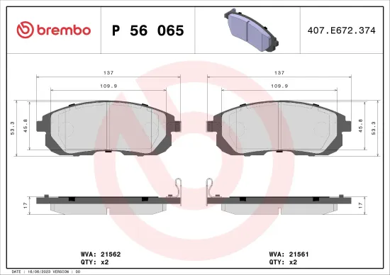 Bremsbelagsatz, Scheibenbremse Vorderachse BREMBO P 56 065 Bild Bremsbelagsatz, Scheibenbremse Vorderachse BREMBO P 56 065