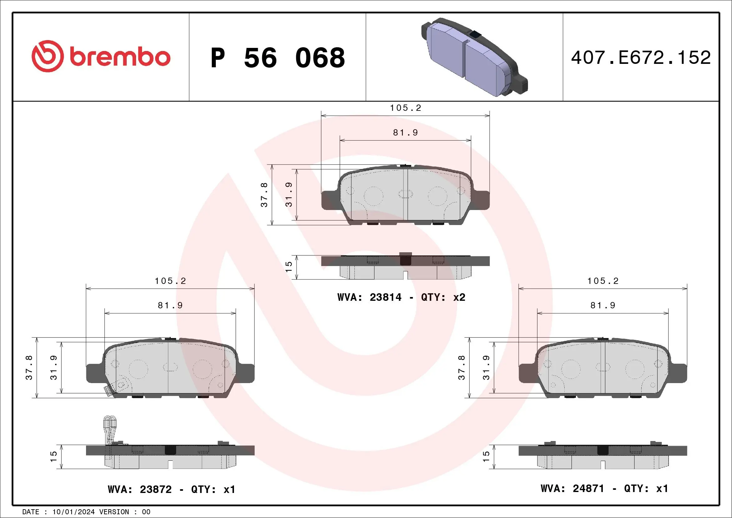 Bremsbelagsatz, Scheibenbremse Hinterachse BREMBO P 56 068