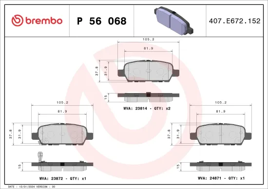 Bremsbelagsatz, Scheibenbremse Hinterachse BREMBO P 56 068 Bild Bremsbelagsatz, Scheibenbremse Hinterachse BREMBO P 56 068
