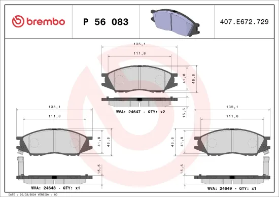 Bremsbelagsatz, Scheibenbremse Vorderachse BREMBO P 56 083 Bild Bremsbelagsatz, Scheibenbremse Vorderachse BREMBO P 56 083