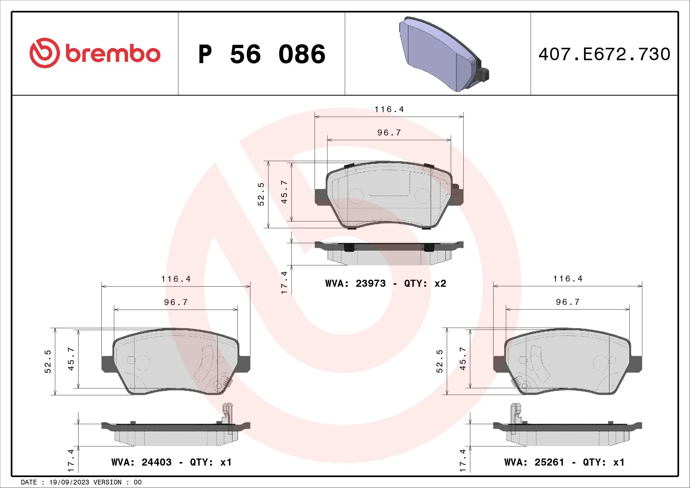 Bremsbelagsatz, Scheibenbremse Vorderachse BREMBO P 56 086