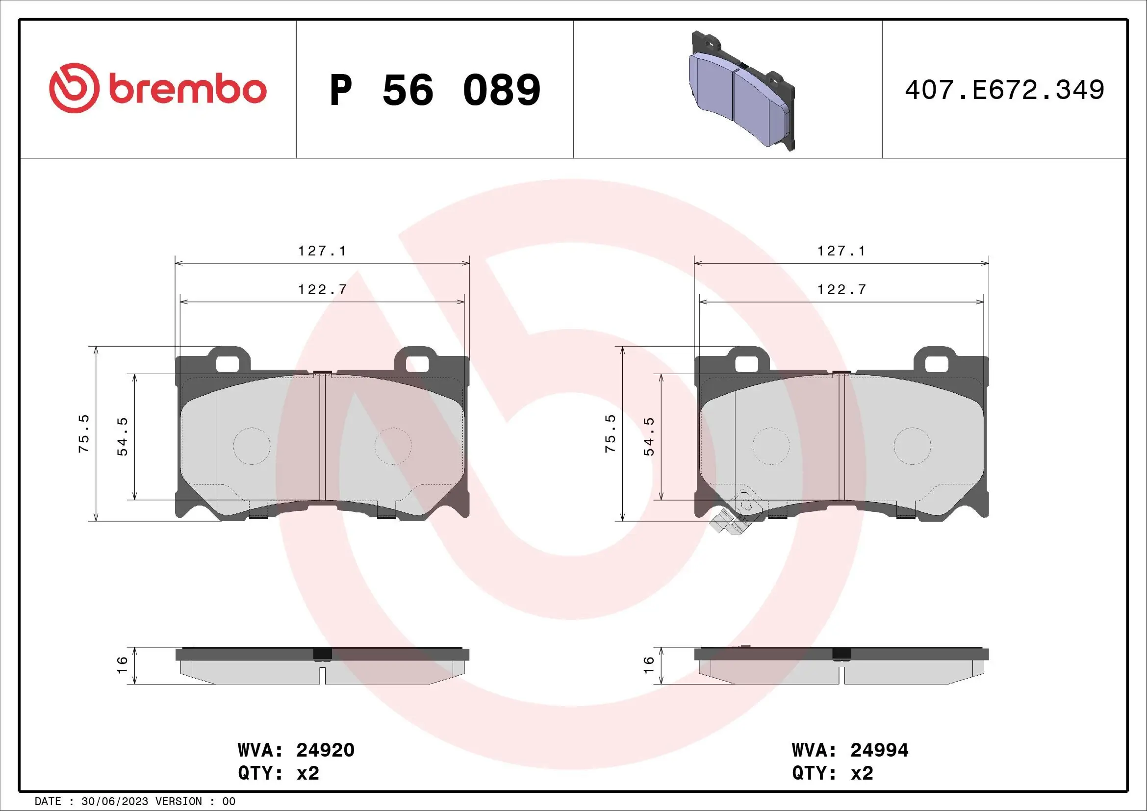 Bremsbelagsatz, Scheibenbremse BREMBO P 56 089