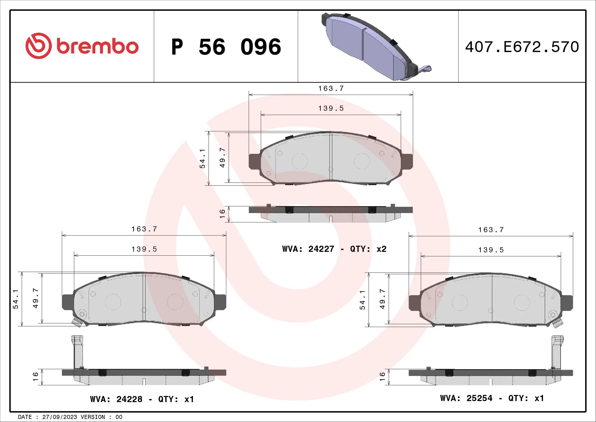 Bremsbelagsatz, Scheibenbremse Vorderachse BREMBO P 56 096
