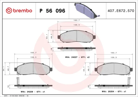 Bremsbelagsatz, Scheibenbremse Vorderachse BREMBO P 56 096 Bild Bremsbelagsatz, Scheibenbremse Vorderachse BREMBO P 56 096