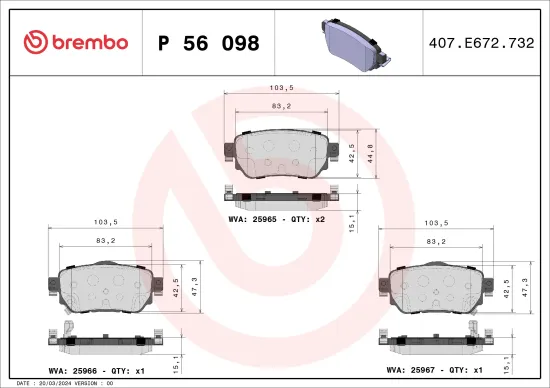 Bremsbelagsatz, Scheibenbremse Hinterachse BREMBO P 56 098 Bild Bremsbelagsatz, Scheibenbremse Hinterachse BREMBO P 56 098