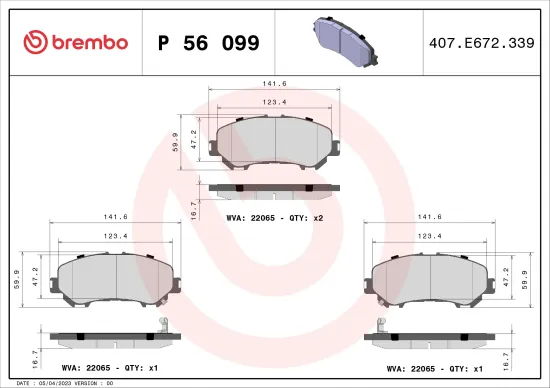 Bremsbelagsatz, Scheibenbremse Vorderachse BREMBO P 56 099 Bild Bremsbelagsatz, Scheibenbremse Vorderachse BREMBO P 56 099