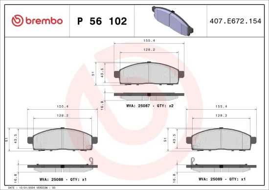 Bremsbelagsatz, Scheibenbremse Vorderachse BREMBO P 56 102 Bild Bremsbelagsatz, Scheibenbremse Vorderachse BREMBO P 56 102