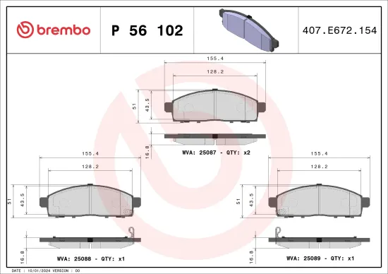 Bremsbelagsatz, Scheibenbremse Vorderachse BREMBO P 56 102 Bild Bremsbelagsatz, Scheibenbremse Vorderachse BREMBO P 56 102
