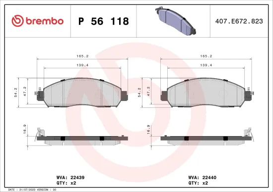Bremsbelagsatz, Scheibenbremse Vorderachse BREMBO P 56 118 Bild Bremsbelagsatz, Scheibenbremse Vorderachse BREMBO P 56 118