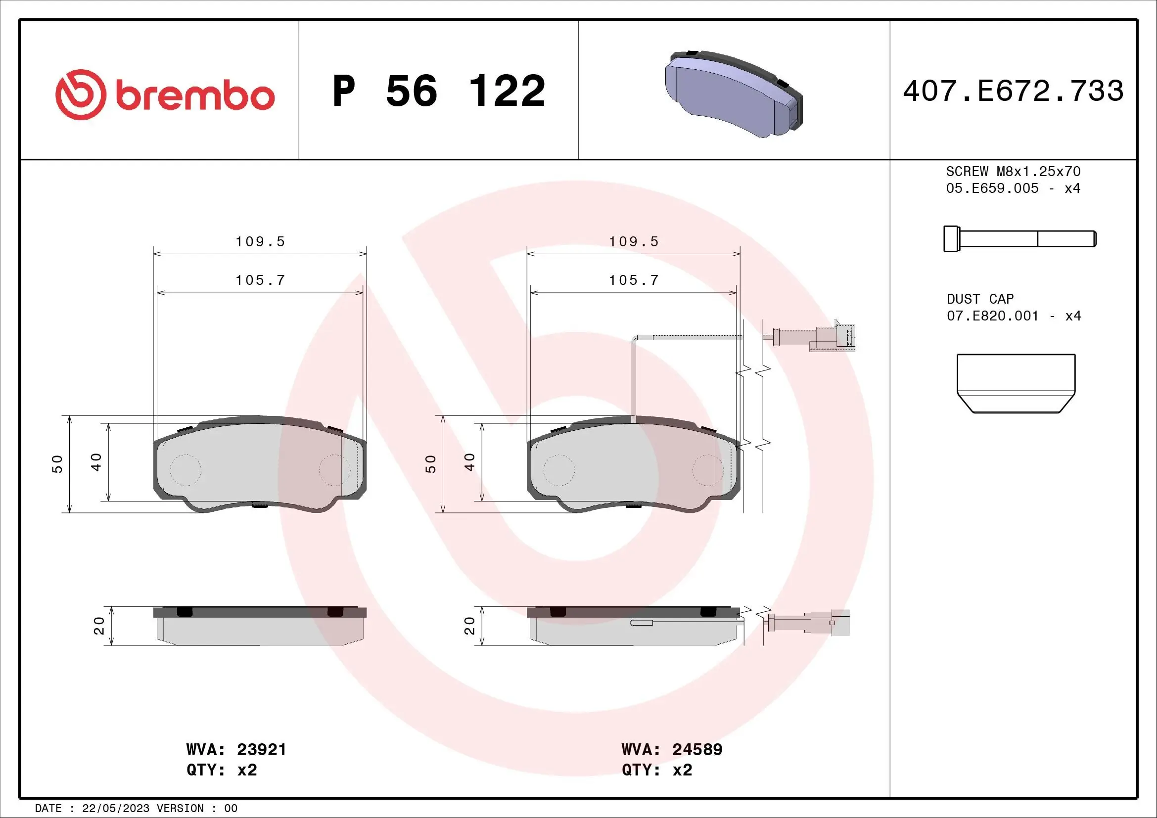 Bremsbelagsatz, Scheibenbremse BREMBO P 56 122 Bild Bremsbelagsatz, Scheibenbremse BREMBO P 56 122