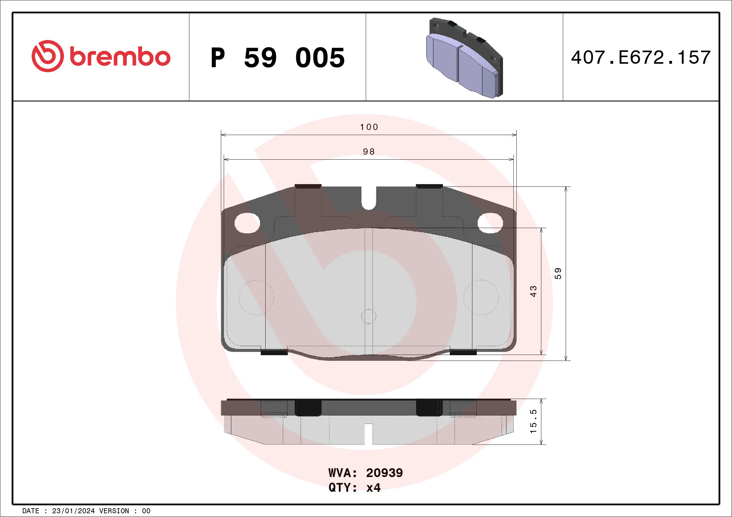 Bremsbelagsatz, Scheibenbremse Vorderachse BREMBO P 59 005