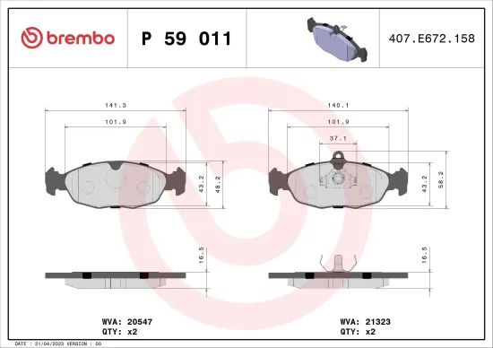 Bremsbelagsatz, Scheibenbremse Vorderachse BREMBO P 59 011 Bild Bremsbelagsatz, Scheibenbremse Vorderachse BREMBO P 59 011