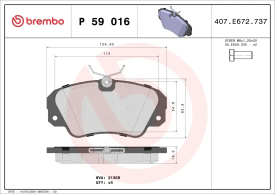 Bremsbelagsatz, Scheibenbremse BREMBO P 59 016 Bild Bremsbelagsatz, Scheibenbremse BREMBO P 59 016