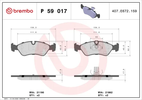 Bremsbelagsatz, Scheibenbremse BREMBO P 59 017 Bild Bremsbelagsatz, Scheibenbremse BREMBO P 59 017