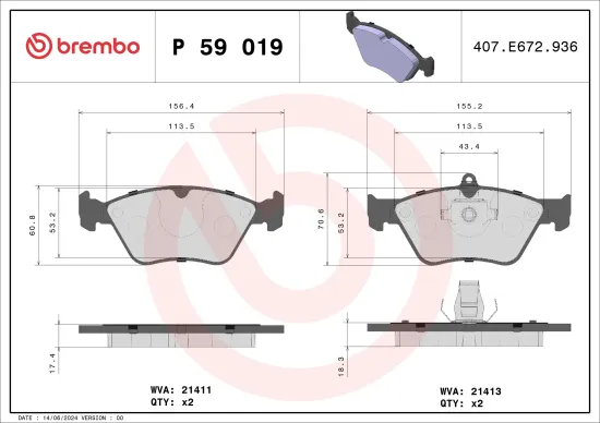 Bremsbelagsatz, Scheibenbremse Vorderachse BREMBO P 59 019 Bild Bremsbelagsatz, Scheibenbremse Vorderachse BREMBO P 59 019