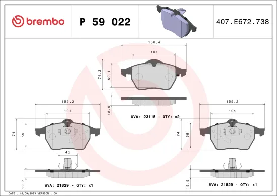 Bremsbelagsatz, Scheibenbremse Vorderachse BREMBO P 59 022 Bild Bremsbelagsatz, Scheibenbremse Vorderachse BREMBO P 59 022