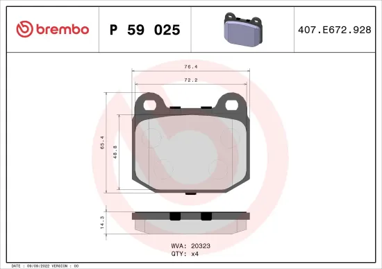Bremsbelagsatz, Scheibenbremse Vorderachse BREMBO P 59 025 Bild Bremsbelagsatz, Scheibenbremse Vorderachse BREMBO P 59 025