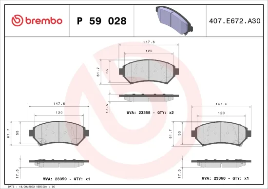 Bremsbelagsatz, Scheibenbremse Vorderachse BREMBO P 59 028 Bild Bremsbelagsatz, Scheibenbremse Vorderachse BREMBO P 59 028