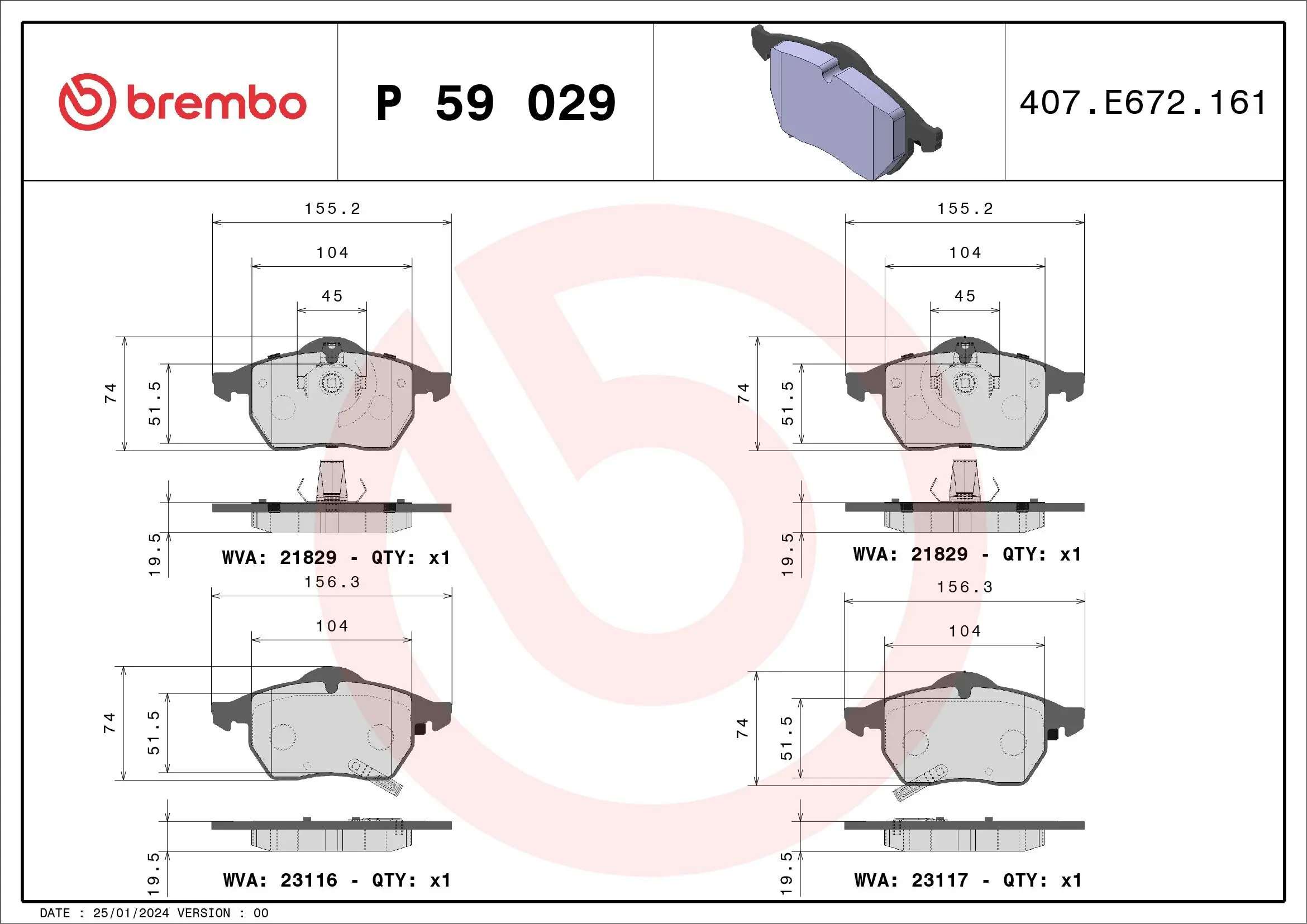 Bremsbelagsatz, Scheibenbremse Vorderachse BREMBO P 59 029