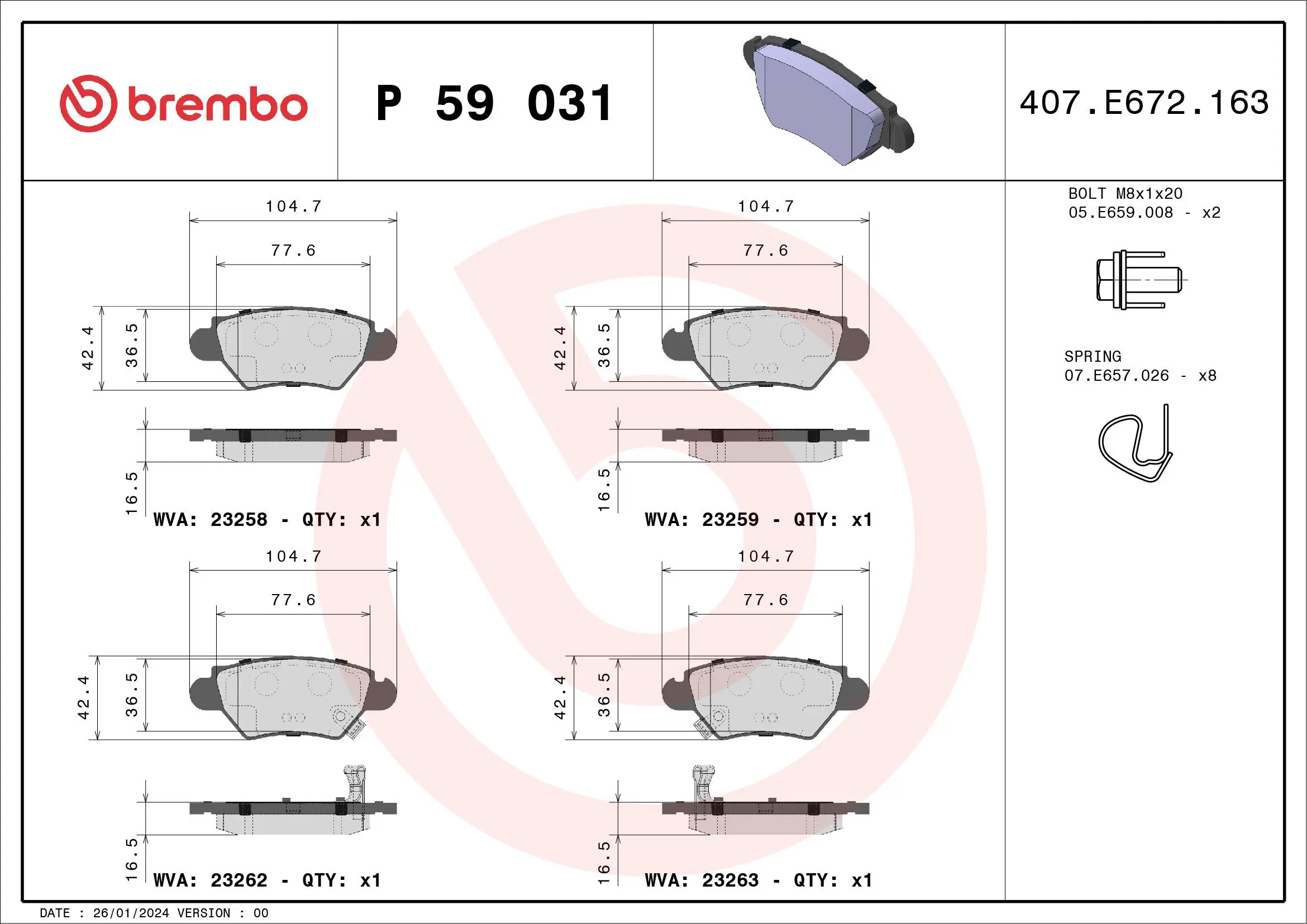 Bremsbelagsatz, Scheibenbremse Hinterachse BREMBO P 59 031