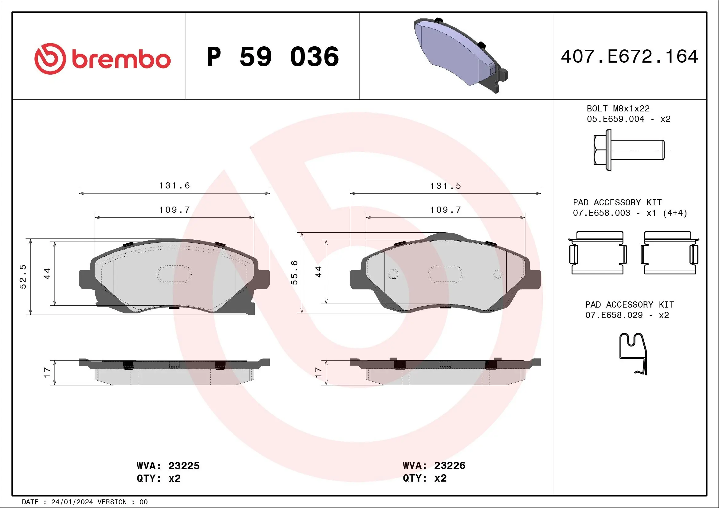 Bremsbelagsatz, Scheibenbremse Vorderachse BREMBO P 59 036