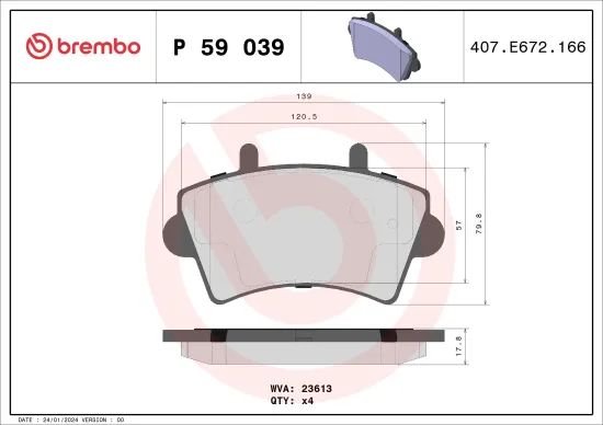 Bremsbelagsatz, Scheibenbremse Vorderachse BREMBO P 59 039 Bild Bremsbelagsatz, Scheibenbremse Vorderachse BREMBO P 59 039
