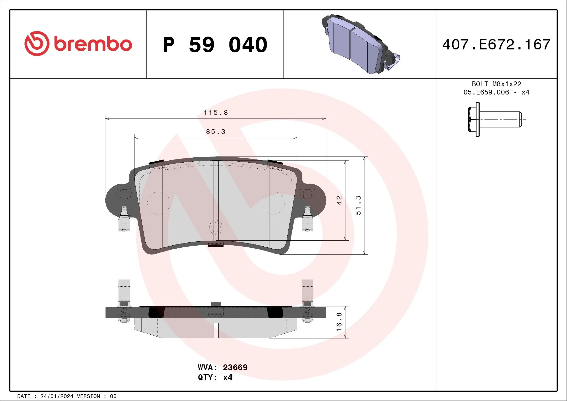 Bremsbelagsatz, Scheibenbremse BREMBO P 59 040 Bild Bremsbelagsatz, Scheibenbremse BREMBO P 59 040