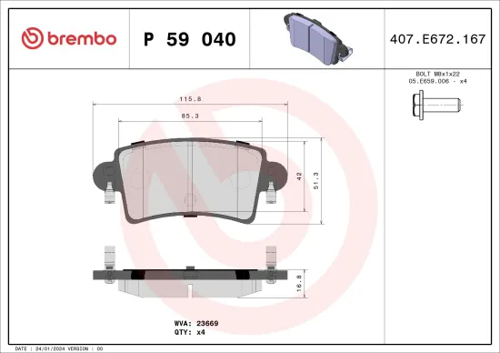 Bremsbelagsatz, Scheibenbremse Hinterachse BREMBO P 59 040 Bild Bremsbelagsatz, Scheibenbremse Hinterachse BREMBO P 59 040