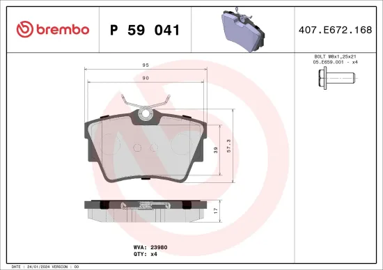 Bremsbelagsatz, Scheibenbremse Hinterachse BREMBO P 59 041 Bild Bremsbelagsatz, Scheibenbremse Hinterachse BREMBO P 59 041