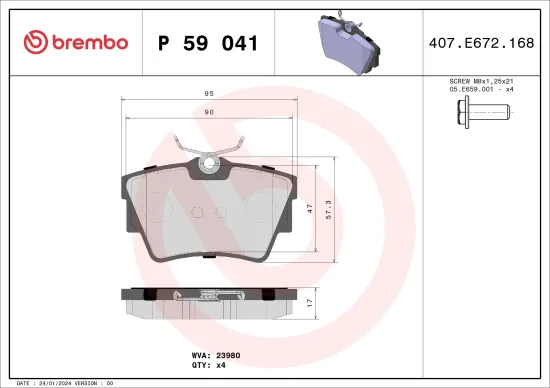 Bremsbelagsatz, Scheibenbremse Hinterachse BREMBO P 59 041 Bild Bremsbelagsatz, Scheibenbremse Hinterachse BREMBO P 59 041