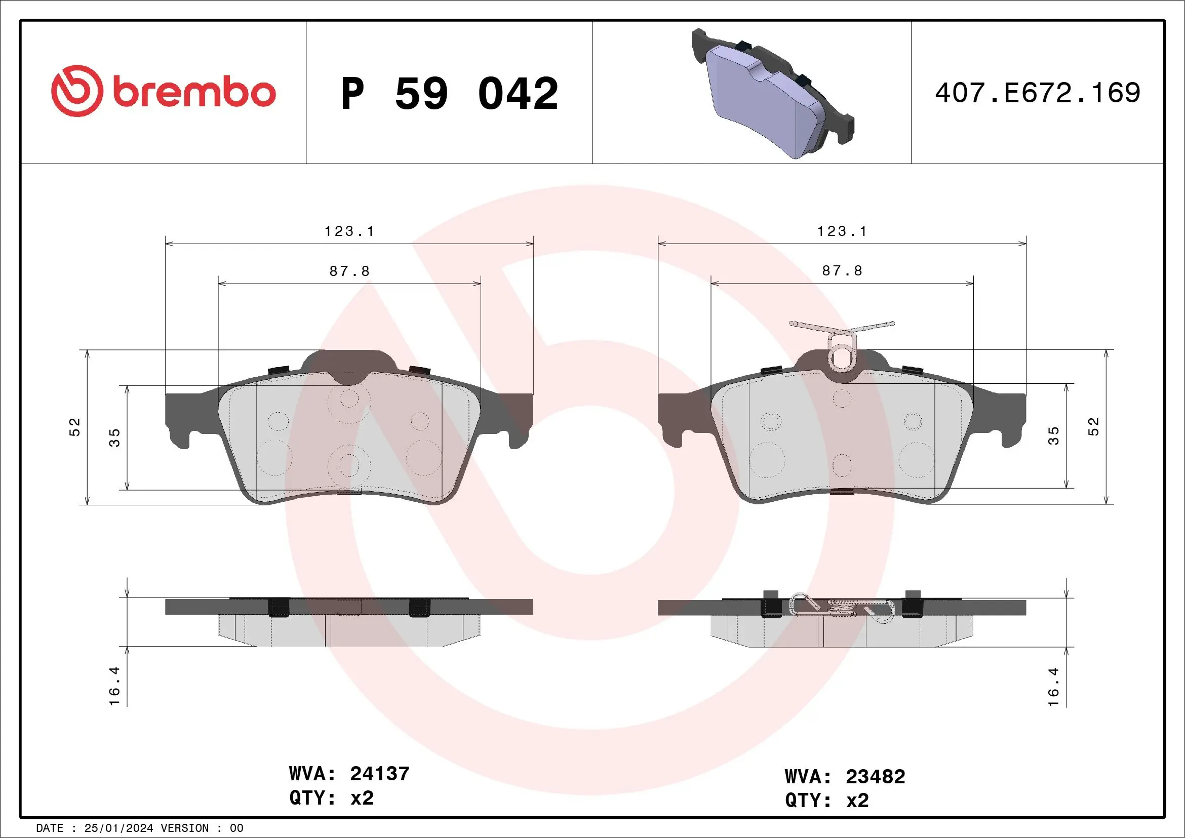 Bremsbelagsatz, Scheibenbremse Hinterachse BREMBO P 59 042X