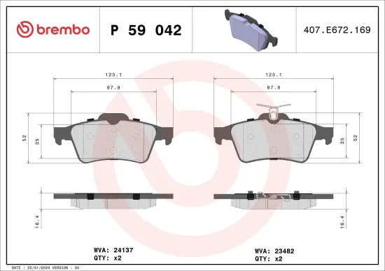 Bremsbelagsatz, Scheibenbremse Hinterachse BREMBO P 59 042X Bild Bremsbelagsatz, Scheibenbremse Hinterachse BREMBO P 59 042X