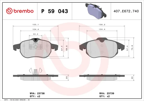 Bremsbelagsatz, Scheibenbremse BREMBO P 59 043 Bild Bremsbelagsatz, Scheibenbremse BREMBO P 59 043