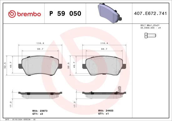 Bremsbelagsatz, Scheibenbremse BREMBO P 59 050 Bild Bremsbelagsatz, Scheibenbremse BREMBO P 59 050