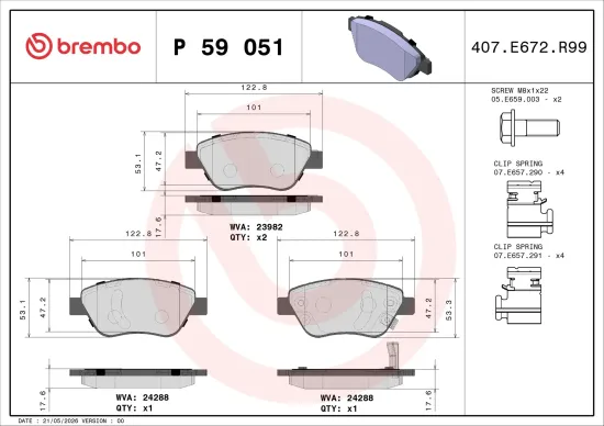 Bremsbelagsatz, Scheibenbremse Vorderachse BREMBO P 59 051 Bild Bremsbelagsatz, Scheibenbremse Vorderachse BREMBO P 59 051