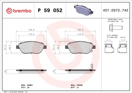 Bremsbelagsatz, Scheibenbremse Vorderachse BREMBO P 59 052 Bild Bremsbelagsatz, Scheibenbremse Vorderachse BREMBO P 59 052